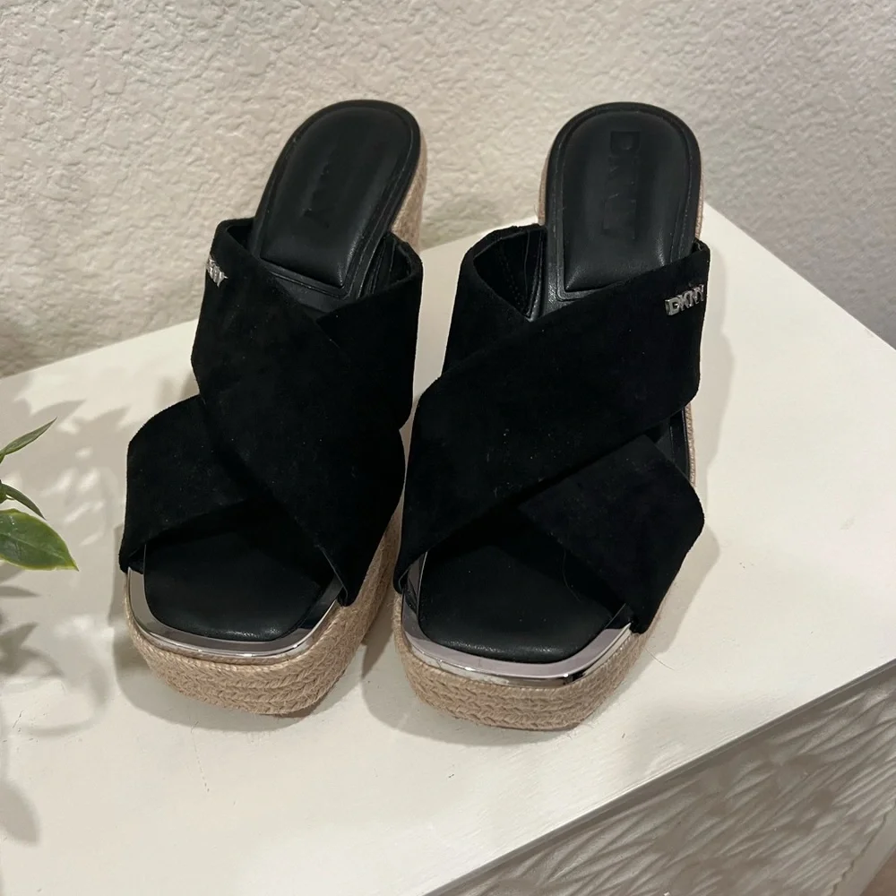DKNY Black Suede Crisscross Espadrille Wedge Sandals